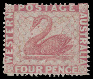 1861 Recess by Perkins Bacon 4d perforated plate proof in carmine-rose on ungummed unwatermarked paper. [The 4d colour proof sheets were rejected, with an instruction to make "a much greater distinction between the 4d & 1d stamps"]