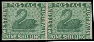 1861 Recess by Perkins Bacon 1/- horizontal plate proof pair in deep green with the Watermark Sideways, a gorgeous rich shade, margins close to large. Rare. [A similar pair with good even margins sold at the Prestige auction of 11.5.2012 for for $2300]