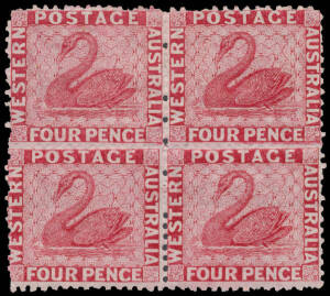 1864-79 Crown/CC Perf 12&frac12; 4d carmine SG 56 block of 4, a couple of minor bends, large-part o.g. the lower units being unmounted, Cat &pound;560++.