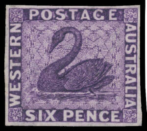 1864-79 Crown/CC 6d imperforate plate proof single in deep (aniline) indigo-violet with the Watermark Upright, margins good to large, part o.g. Stunning & very scarce. [A similar example sold at the Prestige auction of 22.2.2013 for $529]