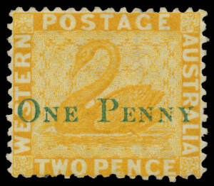 1874 Surcharge 'ONE PENNY' in Green on 2d yellow SG 67 with Central Overprint, large-part o.g., Cat &pound;700. RPSofV Certificate (2016).