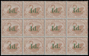 1885 Surcharge '1d.' with Curved Upper Serif in Green on 3d cinnamon SG 91a block of 12 (4x3), full unmounted o.g., Cat &pound;1000++.