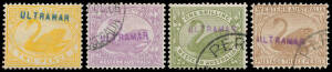 1898-1907 W[crown]A 2d (mint) plus 6d & 1/- and Crown/A 3d, CTO with no gum, all additionally with Portuguese 'ULTRAMAR' handstamp in blue (2d) or violet. [Bill McCredie's similar group of 5 values sold in 2011 for $747]