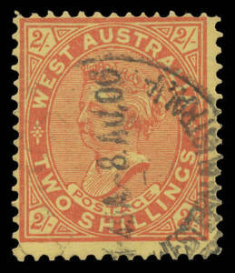 1902-11 V/Crown 2/- brownish red/yellow Single-Line Perf 12&frac12; with the Watermark Sideways BW #W58aa (SG 124a var), untidy cds of 8AU06, Cat $500. [The ACSC states "Watermark Sideways...is rare in this perforation". It can be distinguished from SG 124a by t