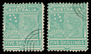 1902-11 V/Crown 5/- emerald-green Single-Line Perf 12&frac12; Dies 1 & 2 BW #W63A & B (SG 126var), both CTO with concentric-circles cancels, Cat $500 as used. Unlisted & unpriced CTO. [The ACSC states "A very small numer of cancelled-to-order stamps are recorded