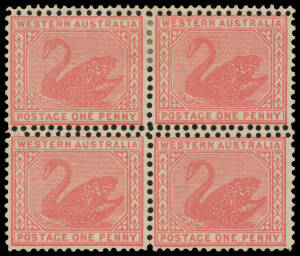 1902-11 V/Crown Mixed Perfs 1d rose-pink Perf 12&frac12; block of 4 with an Additional Horizontal Line of Perf 11 at Top & Centrally, large-part o.g. the lower units being unmounted. Unlisted by both Gibbons & the ACSC. Chris Ceremuga Certificate (2014). [The Co