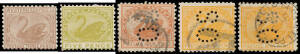 1905-12 Crown/A Perf 11 2d mint, 3d with the Watermark Sideways (Reversed) mint, 5d both shades mint & 9d red-orange used; plus punctured 'OS' 1d 2d 3d x3 4d & 9d orange x2 all used; condition variable, Cat $3250 (&pound;950 plus the 3d which is unlisted in Gib