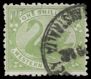 1912 Crown/A Line Perf 12&frac12; 1/- sage-green BW #W57 (SG 169a), well centred, a few characteristic irregular perfs, heavy part-strike of the scarce '[MANINGA MARL]EY/NO12' cds gives the false illusion of perf damage, Cat $1500+ (&pound;2500). Rare. Chris Ceremuga 