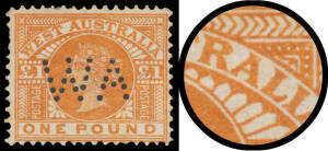 SPERATI FORGERY OF THE POUND: &pound;1 orange-brown as SG 128 with the Flawed Top of Second 'A' in 'AUSTRALIA' that is characteristic of the Sperati Forgery BW #W66c perf 'WA', a couple of short perfs at left, unused, Cat $3000 used; unpriced unused. RPSofV Cer