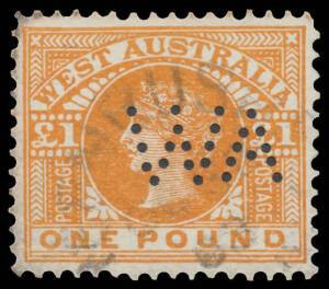 SPERATI FORGERY OF THE POUND: &pound;1 orange-brown as SG 128 but with the Flawed Top of Second 'A' in 'AUSTRALIA' that is characteristic of the Sperati Forgery BW #W66c punctured 'WA', light unframed 'GREENBUSHES' cancelletion, Cat $3000. RPSofV Certificate (2