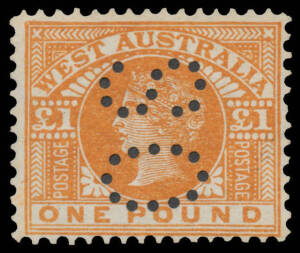 SPERATI FORGERY OF THE POUND: &pound;1 orange-brown as SG 128 but with the Flawed Top of Second 'A' in 'AUSTRALIA' that is characteristic of the Sperati Forgery BW #W66c punctured 'OS', unused, Cat $3000 used; unpriced unused. RPSofV Certificate (2016).