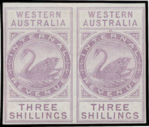 1881 'INTERNAL/REVENUE' Wide Crown/CA Watermark 3/- imperforate plate proof pair on gummed unwatermarked paper, margins good to large, large-part o.g. Neither John Dzelme nor Elsmore Online list denominated plate proofs for this issue.