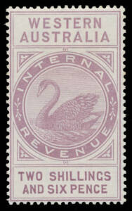 1896 'INTERNAL/REVENUE' Narrow Crown/CA Watermark 2/6d dull purple, large-part o.g. 15,720 printed. RPSofV Certificate (2016). [Gibbons list only Crown/CA & W[crown]A Watermarks. John Dzelme and Dave Elsmore identify two Crown/CA Watermarks: Wide 'CA' 5mm