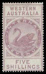 1896 'INTERNAL/REVENUE' Narrow Crown/CA Watermark 5/- dull purple Dzelme #R38, slight surface rubbing, large-part o.g. Only 6240 printed. [This denomination was formerly listed by Gibbons as SG F18]
