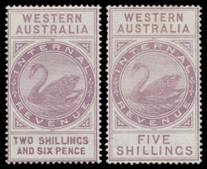 1897 'INTERNAL/REVENUE' Narrow W[crown]A Watermark 2/6d dull purple & 5/- dull purple (a little rubbed), large-part o.g. Separate RPSofV Certificates (2016). [These denominations were formerly listed by Gibbons as SG F23 & 25]