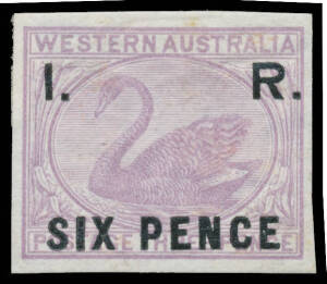 I. R.' OVERPRINTS: 'I. R./SIX PENCE' on 3d lilac imperforate plate proof on Crown/CC paper, margins good to large, small-part o.g., Elsmore Online Cat $1000. Ex De La Rue Archives. A rare trial. [Francis Kiddle's similar example on unwatermarked paper sol