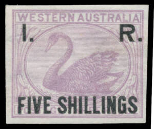 I. R.' OVERPRINTS: 'I. R./FIVE SHILLINGS' on 3d lilac imperforate plate proof on Crown/CC paper, margins good to large, part-o.g., Elsmore Online Cat $1000. Ex De La Rue Archives. The only example we have seen. [Francis Kiddle had only the 6d. Dave Elsmor