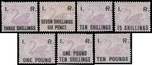 'I. R.' OVERPRINTS: 'I. R./THREE SHILLINGS' (faults), '.../SEVEN SHILLINGS/SIX PENCE' (manuscript cancellation removed), '.../TEN SHILLINGS' (a few clipped perfs otherwise very fine), '.../15 SHILLINGS' (very fine but for yellow hinge residue, described a