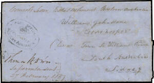 1857 (Feb 27) stampless outer to "Williams River/South Australia/Sidney" (!) endorsed "Convict's Letter Establishment Western Australia" at top & countersigned "Thomas H Dixon/Superintendent" at lower-left, good strike of the undated oval 'POST OFFICE/[cr