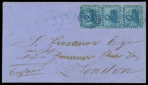 1865 (Apr 22) cover to England with scarce franking of 1861 Clean-Cut Perf 14-16 2d blue SG 41 single & vertical pair tied by three fair to superb strikes of 15-bar '21' cancels in blue, light 'VASSE/=WESTERN-AUSTRALIA=' cds also in blue alongside, London