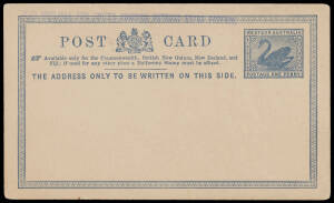 POSTAL CARDS: 1d with Admonition "Available only for the Commonwealth..." handstamped 'ALSO AVAILABLE FOR UNITED KINGDOM WITHOUT EXTRA POSTAGE.' in blue PC12, repaired 20mm tear between 'POST' & Coat of Arms, unused. Rare. [On 1/6/1905, the postcard rate 