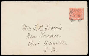 ENVELOPES: 1909 Large Die (23&frac12;x19&frac12;mm) 1d rose-pink (eosin) EN6var, to South Australia with Kalgoorlie cds of 7AP13. RPSofV Certificate (2016).