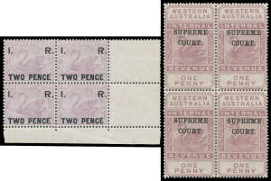 Remainders on display pages including 'I R' on 1d yellow x3 & forgery on 2d yellow, 'TWO PENCE' on 3d mint corner block of 4, 1881 Long Types set to &pound;10 plus multiples including 7/6d pair & &pound;1 strip of 3, 1897-1903 set to &pound;1/10/-, various Litho issues inc