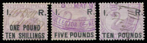 1881 Surcharges 'I. R./ONE PENNY' to 'I. R./TEN POUNDS' Dzelme R3-16, most including the high values are very fine, the 2d & 3d have postal cancels otherwise with various manuscript cancels but the 3/- & &pound;5 unusually with rubber datestamps, Elsmore Online