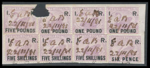 1881 Surcharges Two small pieces from documents 1) with 6d, 5/- x3, &pound;1 strip of 3 (one defective) & &pound;5 (defective), mss cancels of "22.11.81"; and 2) with 15/- plus Long Type &pound;1/10/- & &pound;10, mss cancels of "30 Oct 1884". (2 items)