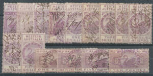 1882 Wmk Large CA/Crown (Fine Lettering) 1d to &pound;10 Dzelme R17-31, most except for the 2d with good colour, various manuscript cancels including several from the 1880s & the &pound;10 unusually with rubber datestamp, Elsmore Online $320+. (15)