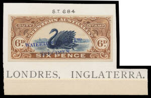 PRINTER'S SAMPLES: Imperforate 6d in indigo & brown with seriffed 'WATERLOW & SONS LTD/SPECIMEN' overprint in blue, affixed to a small piece from a sample book. Very scarce: absent from Francis Kiddle's collection. [Unlisted by Dave Elsmore but he lists a
