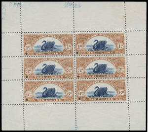 PRINTER'S SAMPLES: Sheetlet comprising 1d+3d+6d x2 each all in indigo & yellow-brown on ungummed wove paper, each unit with sans serif 'WATERLOW & SONS LTD/SPECIMEN' overprint at the base and small security punch at lower-left, unusually with the die numb