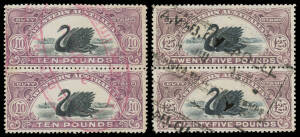 ISSUED STAMPS: 1/- (strip of 3), 2/-, 5/-, 10/-, 15/-, &pound;1, 30/-, &pound;10 & &pound;25 vertical pairs, all but the 30/- with dated cancellations, Elsmore Online Cat $1000+. Very scarce group. (9 items)