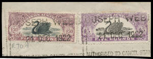 ISSUED STAMPS: &pound;50 black & purple plus Litho &pound;5 black & bright violet tied to small document piece by boxed 'JOSEPH WEBB/21DEC1922/...' datestamp, Elsmore Online Cat $700+. [John Dzelme states that only 127 of the &pound;50 were actually sold between issuance i