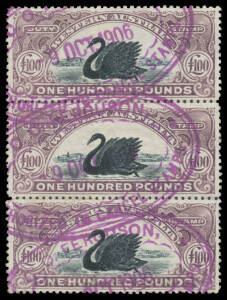 ISSUED STAMPS: &pound;100 black & purple vertical strip of 3 datestamp, the last unit with ironed-out horizontal crease at the base, oval 'CO FERGUSON/9OCT1906/AUTHORIZED TO CANCEL STAMPS' datestamp in violet, Elsmore Online Cat $2550+. A very rare & early usag