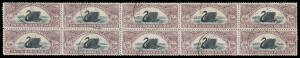 ISSUED STAMPS: &pound;100 black & purple extraordinary block of 10 (5x2), a couple of minor ironed-out creases, 'STATE STAMPS OFFICE/25JAN21/PERTH WA' [we are not certain about the year of use] steel cds, Elsmore Online Cat $8500+. One of the most outstanding r