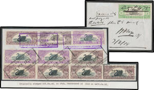 ISSUED STAMPS: Two pieces from the same share transfer document 1) with &pound;25 + Litho &pound;1 & &pound;5 tied by boxed d/s of 23MAY1916 in violet and &pound;50 & &pound;100 x4 (one torn before being affixed) + Litho &pound;1 tied by boxed d/s of 26FEB1918; and 2) with Litho 1/- & manu
