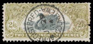 Postal Cancellations on 2d & 3d vertical pairs each with 'HAY ST WEST/SP4/16/WA' cds, 2/6d (cleaned) with 'REGISTERED/JY29/14/KALGOORLIE WA', & 1d scarlet pair tied to piece by 'MALVERN/16AP35/VIC' cds. (4 items)