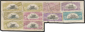 Display pages of pieces from documents with total frankings of &pound;4/2/6d, &pound;8/15/- including 15/- & &pound;1 x2 (one an ancient &pound;1 lilac!!), &pound;19/15/-, &pound;50 with &pound;5 x8 including a block of 4 & &pound;10, &pound;50 with &pound;5 x10, &pound;59 with &pound;10 strip of 5, &pound;90/15/- with &pound;5 x12 inclu