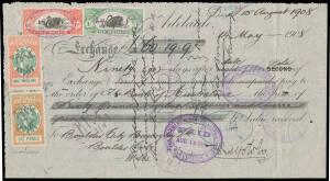 Usage on documents 1) 1d scarlet on receipt; 2) 2d on National Bank cheque (lower-right portion removed); 3) 2d on bill of exchange with Victorian Rouletted 1&frac12;d pink; 4) 6d red & 1/- green on bill of exchange with South Australian KEVII 6d & 1/-; 5) 1/- x