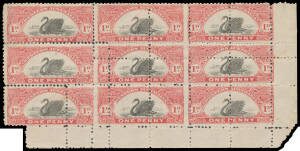 1906-09 Small W[crown]A Watermark (Twice on Each Stamp) Perf 11 1d black & carmine lower-right corner block of 9 with Diagonal Pre-Perforating Paper Fold resulting in Aberrant Vertical Perfs Affecting Seven Units, and the missing horizontal perfs correcte