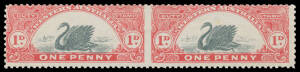 1909 Larger W[crown]A Watermark (Once on Each Stamp) 1d black & crimson horizontal pair Imperforate Between #R85c, large-part o.g., Elsmore Online Cat $800. Rated RRR. [Francis Kiddle's block of 4 sold for $1092]