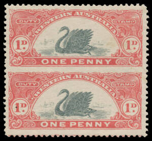 1909 Larger W[crown]A Watermark (Once on Each Stamp) 1d black & crimson vertical pair Imperforate Between #R85(var), trivial gum blemishes, large-part o.g., Elsmore Online Cat $500. Unlisted by John Dzelme. [Superior quality & far better centred than Fran