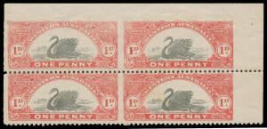 1909 Larger W[crown]A Watermark (Once on Each Stamp) 1d black & crimson upper-right corner block of 4 Imperforate Vertically & at Top #R85(var), a couple of minor tonespots, large-part o.g. Unlisted by John Dzelme & Dave Elsmore. [Absent from Francis Kidd
