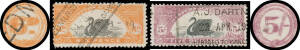 1911-13 Large W[crown]A Wmk with Cross on Crown 6d black & orange and 5/- black & claret both with Double Print of the Frame #R97Da & #100Cb, a few short perfs, boxed cancels.