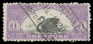 1911-13 Large W[crown]A Wmk with Cross on Crown &pound;1 black & bright violet with No Watermark #R103aa, characteristic irregular perfs, boxed datestamp of --JAN1920. Rated RRR. Unlisted by Dave Elsmore.