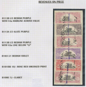 1917-22 Issues study on display pages with Emergency Printings No Watermark 1d x2 6d & 1/-, 1917 1d scarlet x13 including a block of 6, &pound;1 carmine x6 including two pairs on piece, & &pound;5 x11 with a surprising range of shades, a few Inverted Watermarks, also