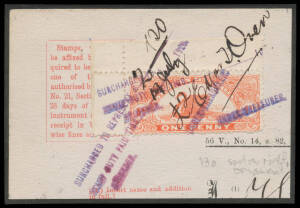1917-22 New Colours 1d scarlet affixed to piece from document & tied by 'SURCHARGED TO REPRESENT &pound;("2")/STAMP DUTY PAID THIS ("19 July") 1920' handstamp in violet Dzelme #E111a. Rated RRR; unlisted by Dave Elsmore. See John Dzelme at page 64 where he stat