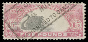 1917-22 New Colours &pound;5 reddish purple with Dramatic Misplaced Vignette (variously described as the Snagglepuss: "Exit Stage Right!" or the "Gotta Pee!" variety), boxed datestamp.