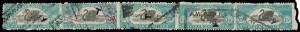 1920-30 Wmk 'W[crown]A' with No Cross on Crown Perf 14&frac12;x13&frac12; 15/- deep greenish blue horizontal strip of 5 Imperforate Vertically #R137(var), crudely separated into singles & rejoined with hinges, various cancellations & 'T' punctures. Unlisted by John Dze